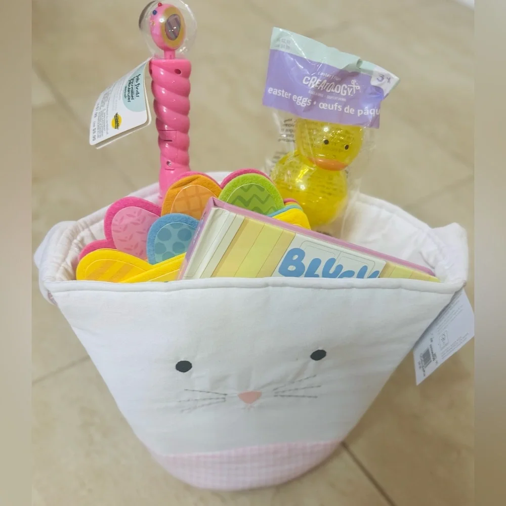 Pottery Barn Kids Tie-Ear Bunny Bucket, 2 Books Plastic Eggs & Light Up Bubbles